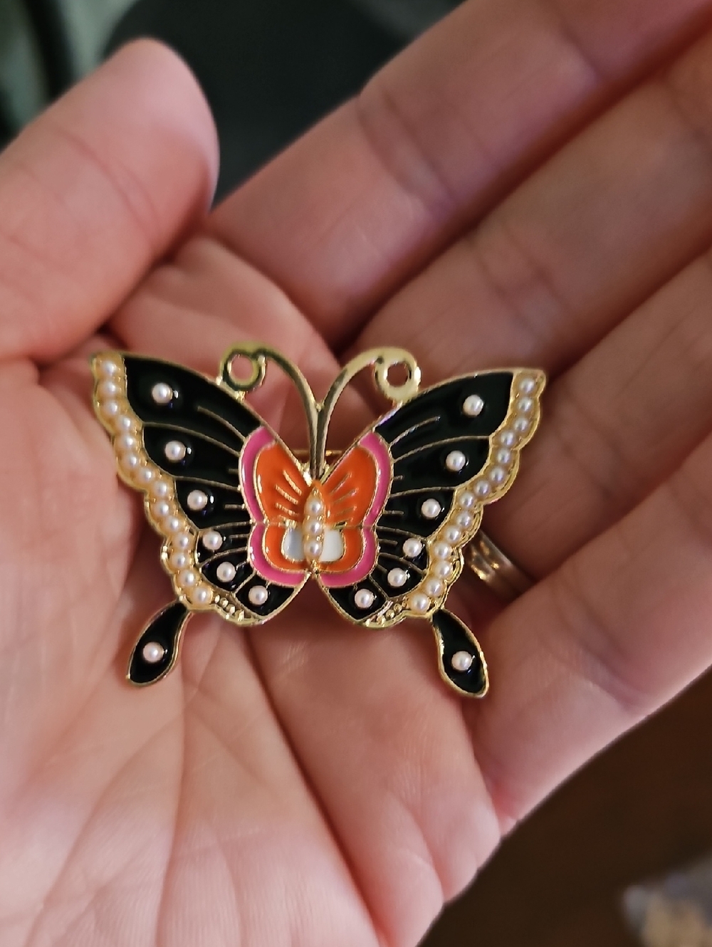 Elegant Gold-Tone Black and Pink Butterfly Brooch with Faux Pearls